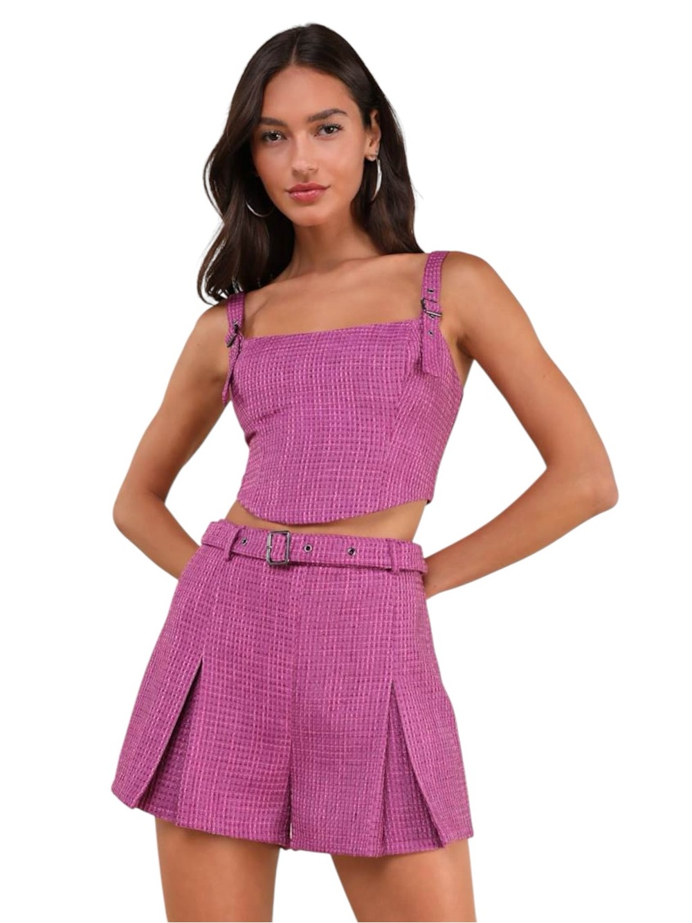 NEW Lulu’s Bold Cutie Tweed Buckle Strap Crop Tank Top in Purple